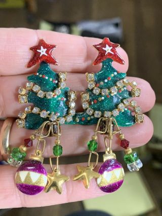 Vintage Lunch At The Ritz Christmas Tree Enamel Rhinestone Clip Earrings