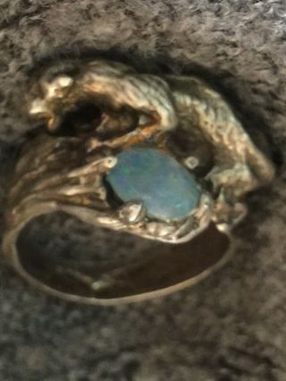 Vintage Mid Century Brutalist Opal Cougar Mountain Lion Sterling Ring 9