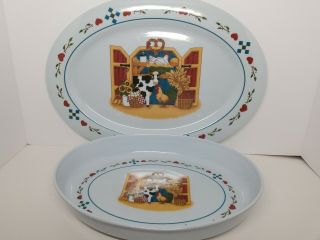 Country Cow Barn Chicken Farm Melamine Ware Set Of 2 - Serving Plate And Bowl