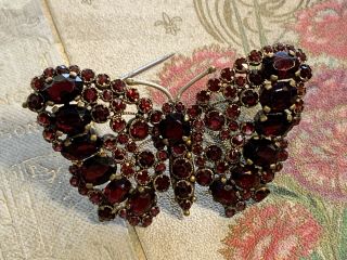 Antique Vintage Czech Gold Tone Butterfly Pin Brooch With Rhinestone Garnets