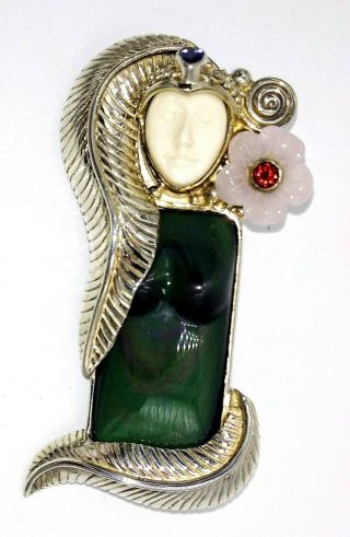 Sajen Sterling Silver Jade Full Goddess Pendant & Brooch 28 Grams Amigems