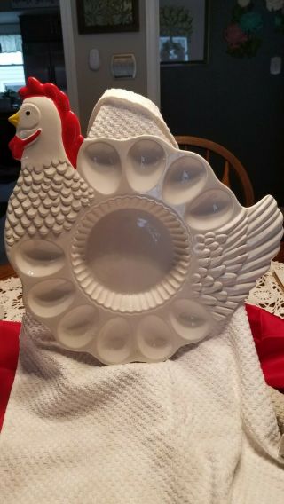Teleflora Ceramic Hand Painted Chicken/rooster Deviled Egg Tray Platter,  Euc