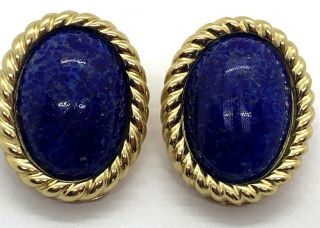 Vintage Signed Christian Dior Faux Blue Lapis Gold Plated Clip Earrings
