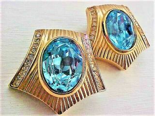 Vintage Christian Dior Rhinestone Earrings w/ Faceted Aquamarine Colored Stones 2