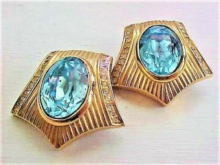 Vintage Christian Dior Rhinestone Earrings w/ Faceted Aquamarine Colored Stones 3