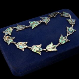 Antique Vintage Deco Retro 925 Sterling Silver Taxco Abalone Inlay Necklace 36g