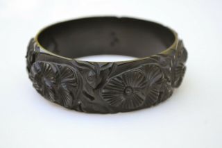 Antique/vintage Carved Pierced Black Bracelet Jet/bog Oak? Pansy Flower Bangle