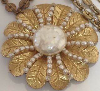 Vintage Miriam Haskell Gold Gilt Brass Baroque Pearl Flower Pendant Necklace