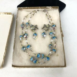 Vintage Signed Vendome Flower Art Glass Crystal Bead Necklace & Earrings Set 16 "