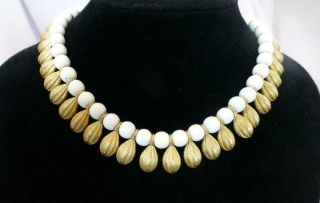 Vintage Crown Trifari Egyptian Cleopatra Gold - Tone & White Bead Necklace