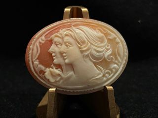 Gorgeous Hand Carved Shell Cameo Of Two Sisters Facing Left