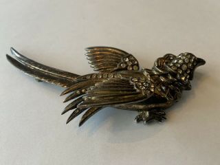 Antique Vintage R.  Derosa Sterling Lg Pheasant? Bird Pin Brooch With Rhinestones
