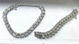 Dazzling Vtg Kramer Emerald Cut Rhinestone Demi Parure Necklace Bracelet Set 50s