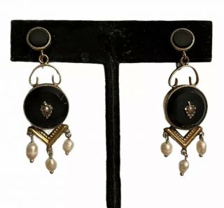 Exquisite 14k Gold Antique Victorian Onyx Mourning Chandelier Earrings,  Read
