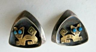 Vintage Peru 18k Gold 925 Sterling Silver Inca Cat Turquoise Eyes Clip Earrings