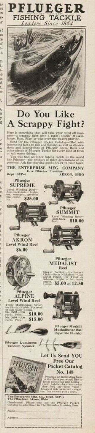 1929 Pflueger Fishing Tackle Reels Lure Muskie Enterprise Mfg Co Akron Oh Ad