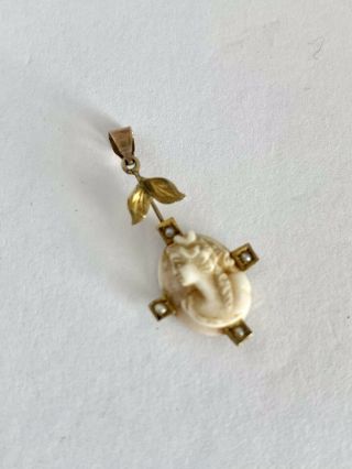 Antique Victorian 10k Gold Cameo Lavaliere Pendant Pearl Accents