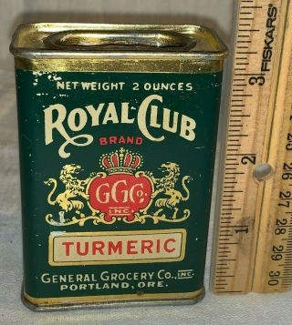 Antique Royal Club Turmeric Spice Tin Litho Can Grocery Food Store Portland Or