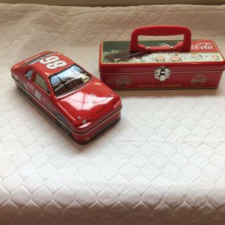 Race Car And Tool Box Coca Cola Themed Cookie Goodie Tins Set Of 2