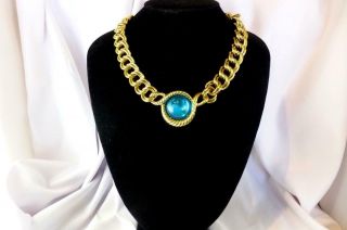 Trifari Tm Aqua Blue Jelly Cabochon Gold - Tone Necklace