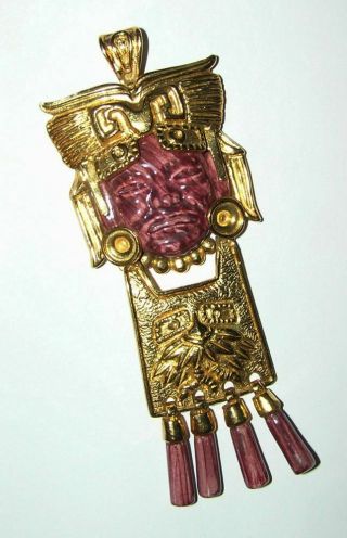 Mid Century Salvador Teran For Marbel 22k Gold Plated Aztec Warrior Pendant 4.  5 "