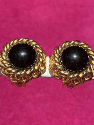 Christian Dior Clip Earrings - Gold Tone Braided Chain With Jet Black Center