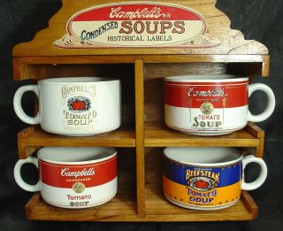 Set Of 4 Campbells Historical Labels Collectors Set Soup Bowls With Rack