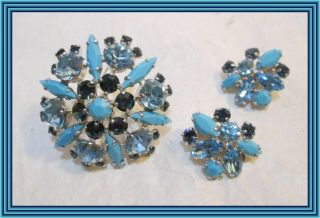 Sherman Opaque Turquoise & Sapphire - Snowflake Cluster Motif Brooch Set Nr