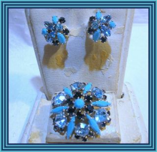 Sherman OPAQUE TURQUOISE & SAPPHIRE - SNOWFLAKE CLUSTER MOTIF BROOCH SET NR 2