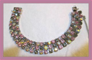 Sherman Hot Pink,  Charcoal & Yellow Ab - Three Row Cluster Style Bracelet Nr