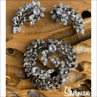 Sherman “3d Wreath” Brooch/earrings Crystal/black Diamond Swarovski.