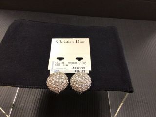 Signed Christian Dior Gold Tone Clip Earrings Crystal Pave Rhinestones W/tag