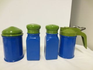 4 - pc Gemco USA Vintage Blue Glass Salt/Pepper Shakers/Syrup/Sugar Set 2