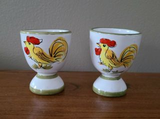 Pair Vintage Egg Cups Colorful Rooster Design Hand Painted Italy