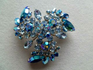 Lovely Signed Sherman 2 Tone Blue & Green Ab Triangle Shaped Brooch/pin