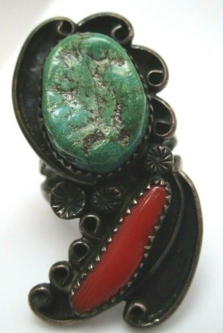 E King Navajo Sterling Silver Turquoise And Red Coral American Indian Old Pawn
