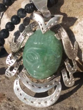 Taxco Necklace Pendant Carved Jade Warrior Face Sterling Mayan Aztec Mexican