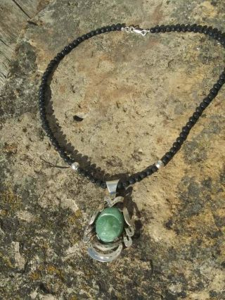 Taxco Necklace Pendant Carved JADE Warrior Face Sterling Mayan Aztec Mexican 2