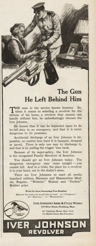 1918 Iver Johnson Arms Fitchburg Ma Safety Automatic Revolver Pistol Wwi Ad