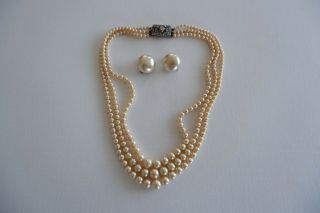 Ciro Art Deco 3 Row Faux Pearl Necklace,  Silver Clasp & Earrings - C1930 