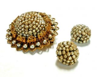 Signed Miriam Haskell Imitation Baroque Pearl Brooch & Earrings Set C.  1950