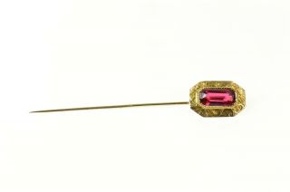 10k Syn.  Ruby Victorian Etched Emerald Cut Stick Pin Yellow Gold 25