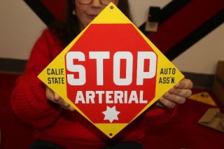 California State Auto Assn Stop Arterial Highway Gas Oil Porcelain Metal Sign