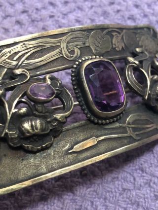 Art Nouveau Brooch Faceted Amethyst Crystals Stunning Large Brass