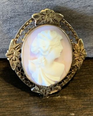 10k Gold & Pink Shell Cameo Brooch Pin And Pendant.