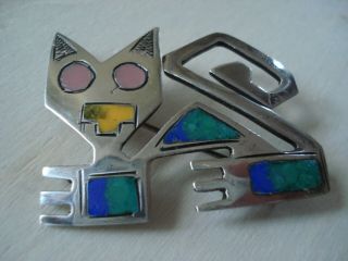 Graziella Laffi Sterling Silver Peru Enamel Modernist Cat Pin Brooch Peruvian