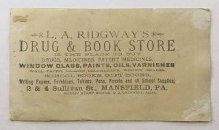 L.  A.  Ridgway’s Drug And Book Store,  Mansfield,  Pa,  Large Back Stamp