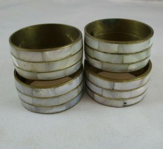 Vintage Set 4 Napkin Rings Inlaid Mother Of Pearl Segments Over Tarnished Brass