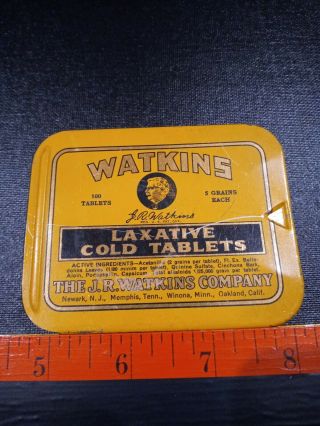 Large Vintage Watkins Laxative Cold Tablets Advertising Medicine Tin.