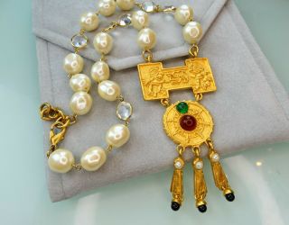 Designer Runway Couture Egyptian Gilt Gripoix Glass Pearl Crystal Mogul Necklace